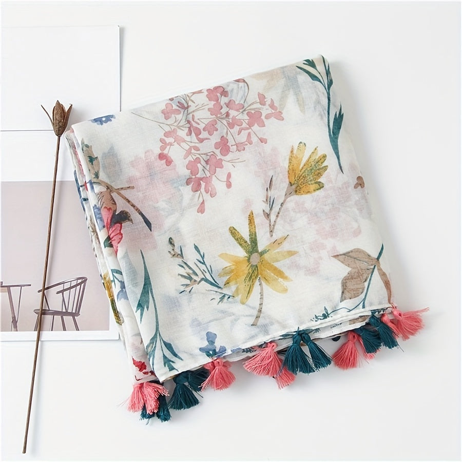 Summer Women'S Soft Tassel Scarf with Fresh Floral Patterns, Casual Scarf, Head Wrap, Shawl, Perfect for Travel And Beach Use