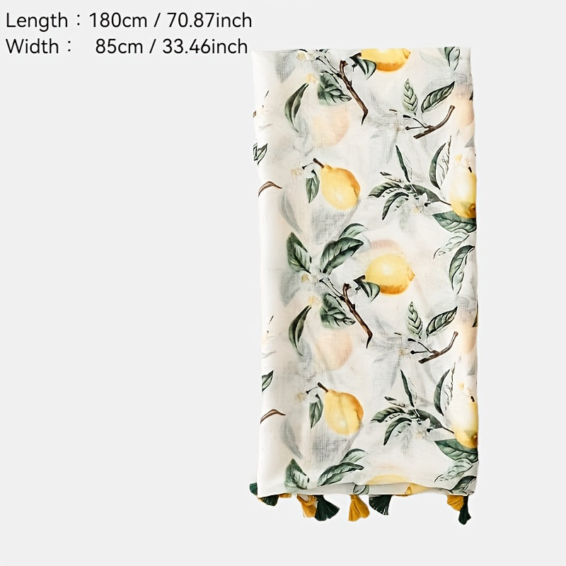 Lemon Tree Scarf - Soft Breathable Polyester Shawl Suitable for, Beach Vacations & Casual Outfits - Lightweight Lemon Tree Print, /Korean Style Accessory (Plant)