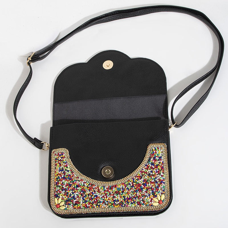 SŪTRA Ethnic-Style Crossbody Bag – Handmade Floral Shell-Shaped Phone Pouch for Women, Single-Shoulder Beaded Sling Bag