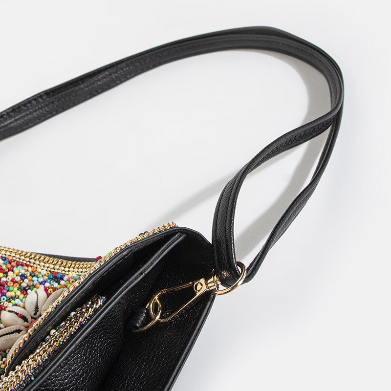 SŪTRA Ethnic-Style Crossbody Bag – Handmade Floral Shell-Shaped Phone Pouch for Women, Single-Shoulder Beaded Sling Bag