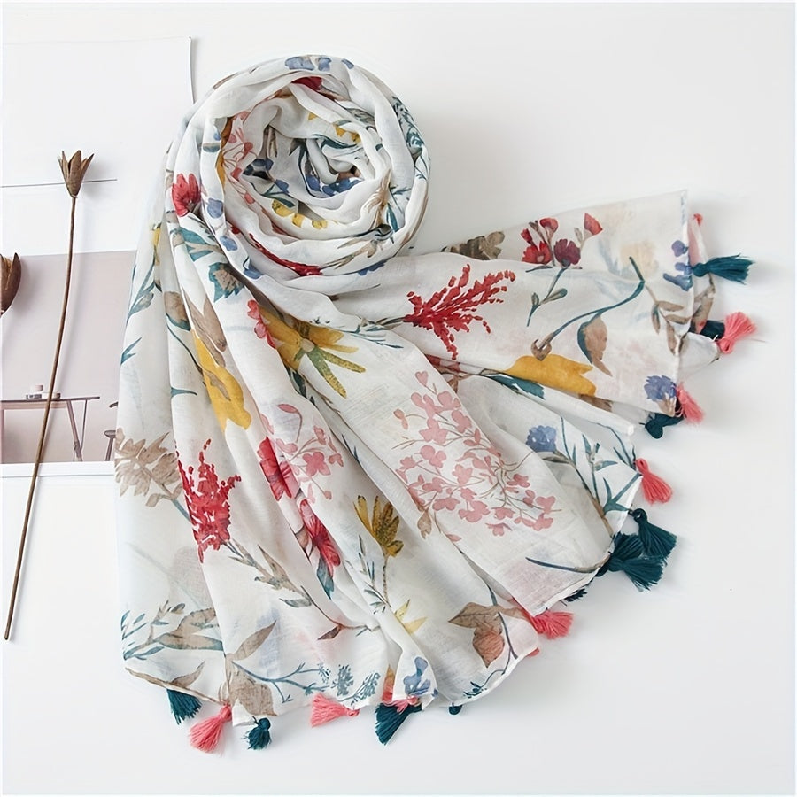 Summer Women'S Soft Tassel Scarf with Fresh Floral Patterns, Casual Scarf, Head Wrap, Shawl, Perfect for Travel And Beach Use