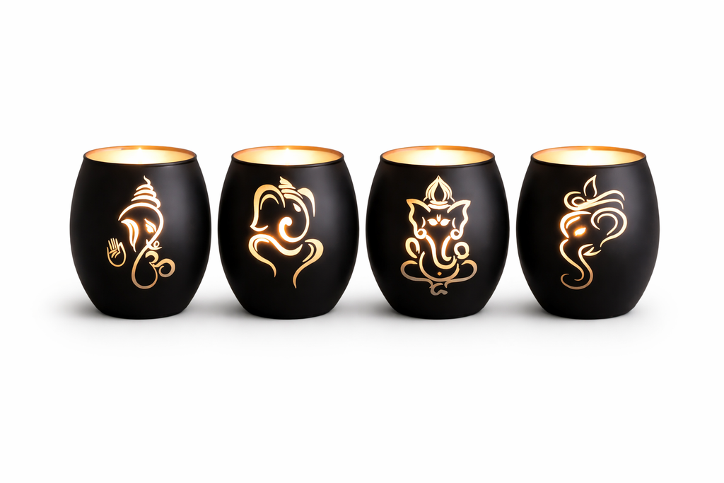 Elegant Ganesha Black Candle Holders- Tabletop Glass Elephant Trunk God Decor for Living Room & Foyer, Wedding & Festive Decoration, Diwali, Hanukkah & Kwanzaa Celebrations (4-PCS)