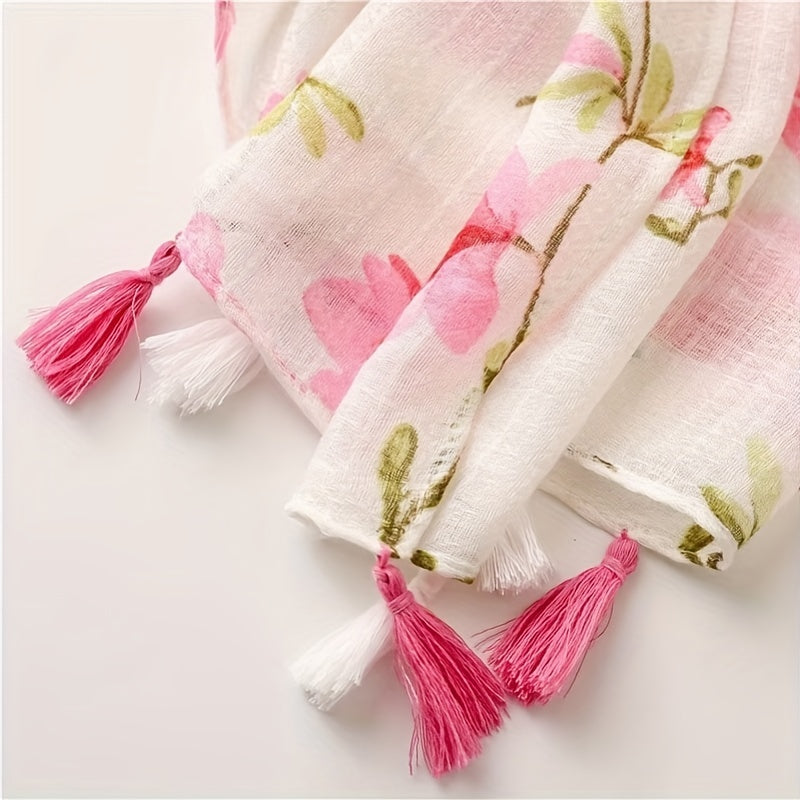 Fresh Linen Feel Scarf New Style Elegant Small for Women Pink Floral Decoration Handmade Tassel Scarf Gauze Shawl
