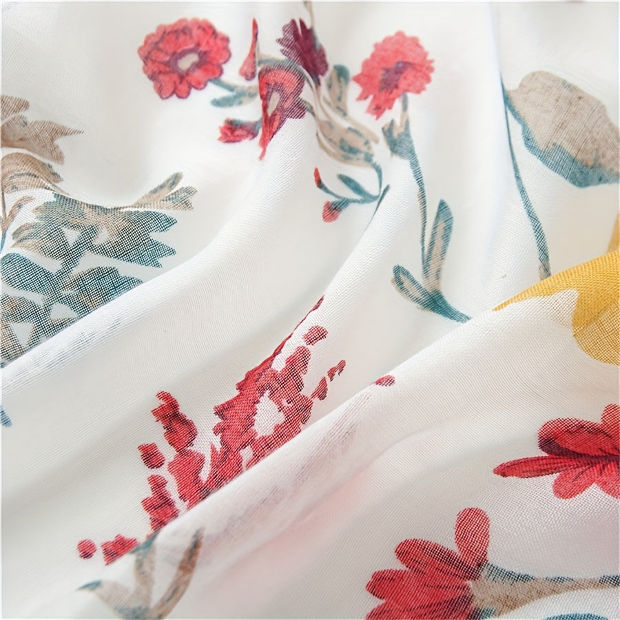 Summer Women'S Soft Tassel Scarf with Fresh Floral Patterns, Casual Scarf, Head Wrap, Shawl, Perfect for Travel And Beach Use