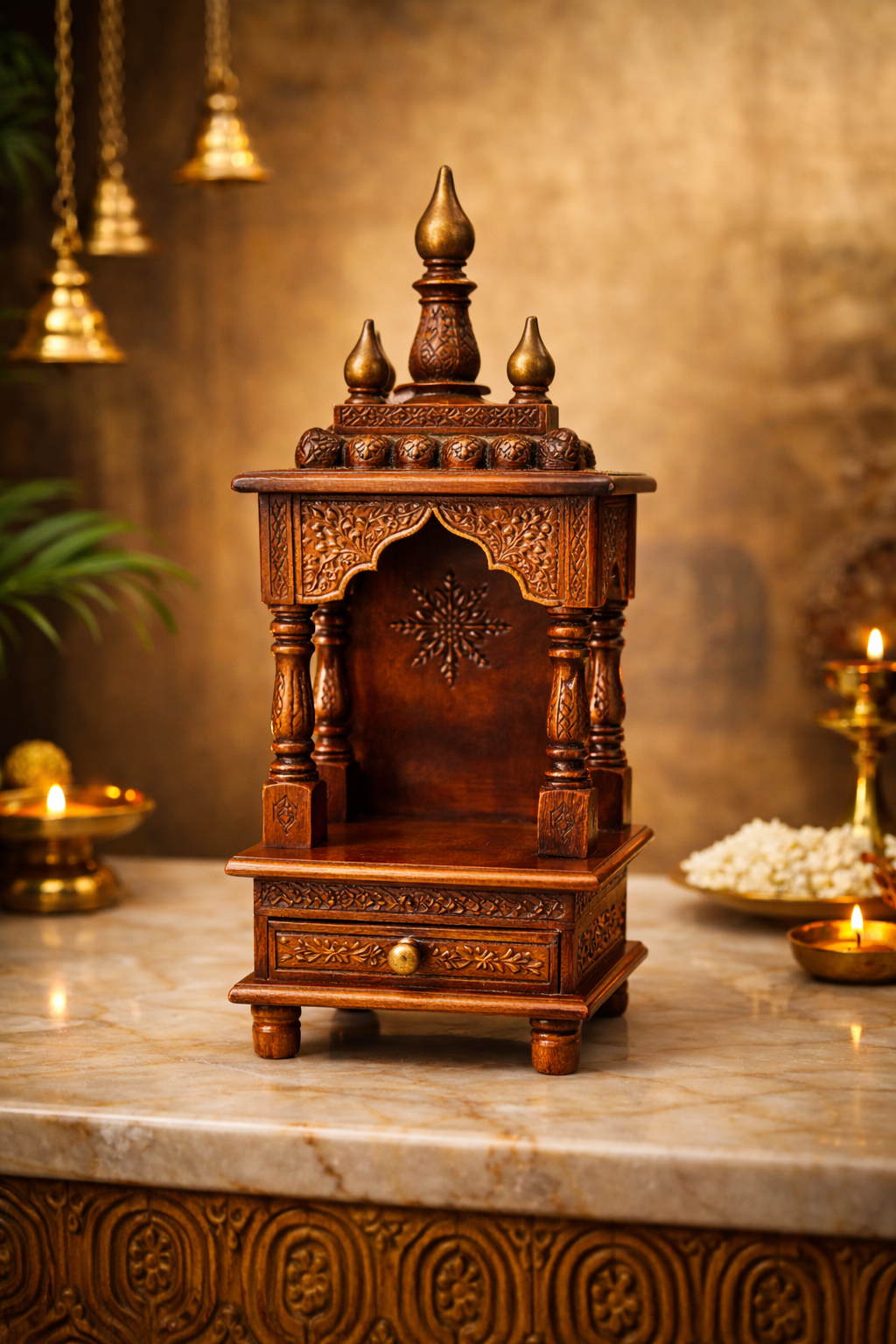 Mandir Temple Colour Copper 8x8x18 inch with Extra Storege