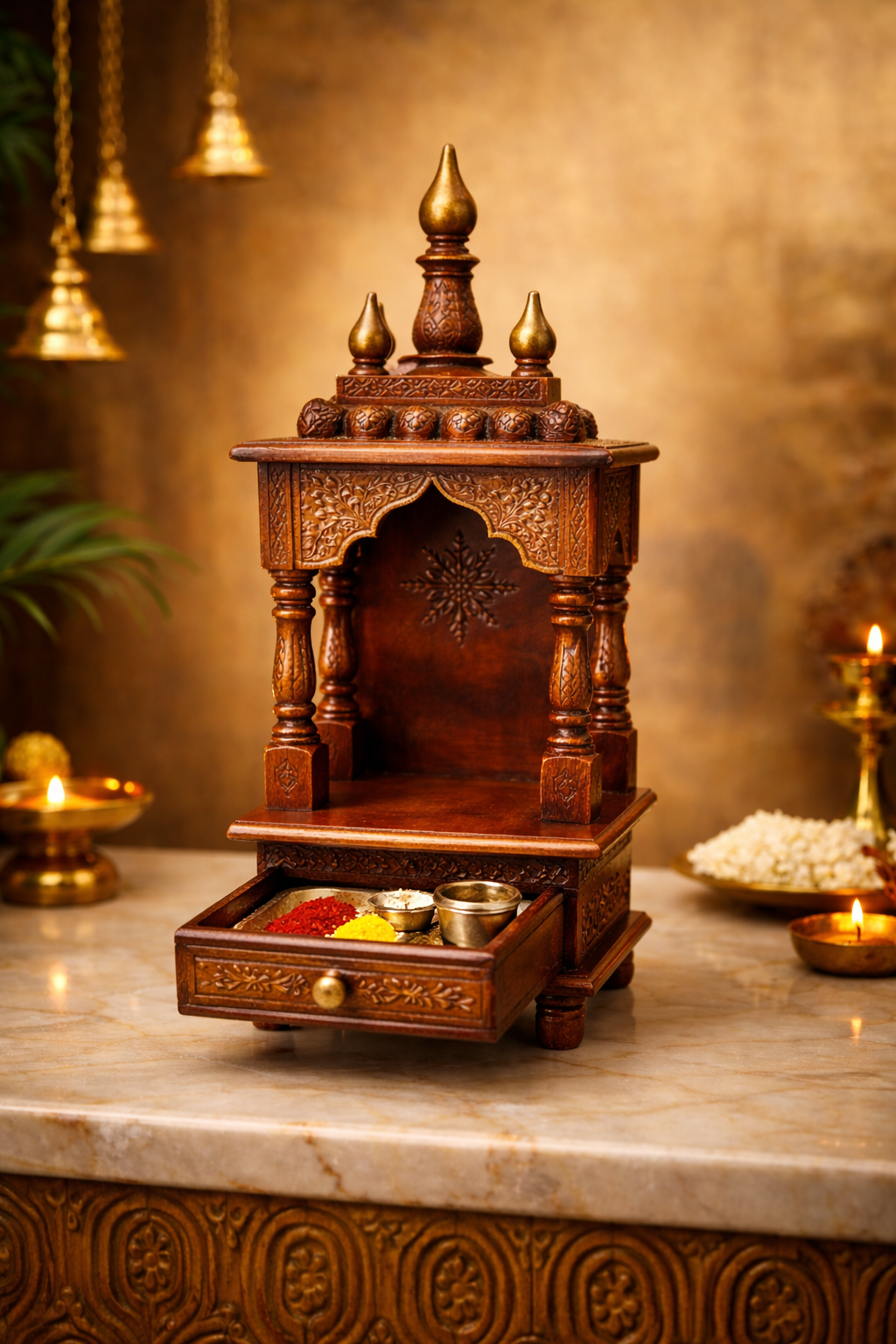 Mandir Temple Colour Copper 8x8x18 inch with Extra Storege