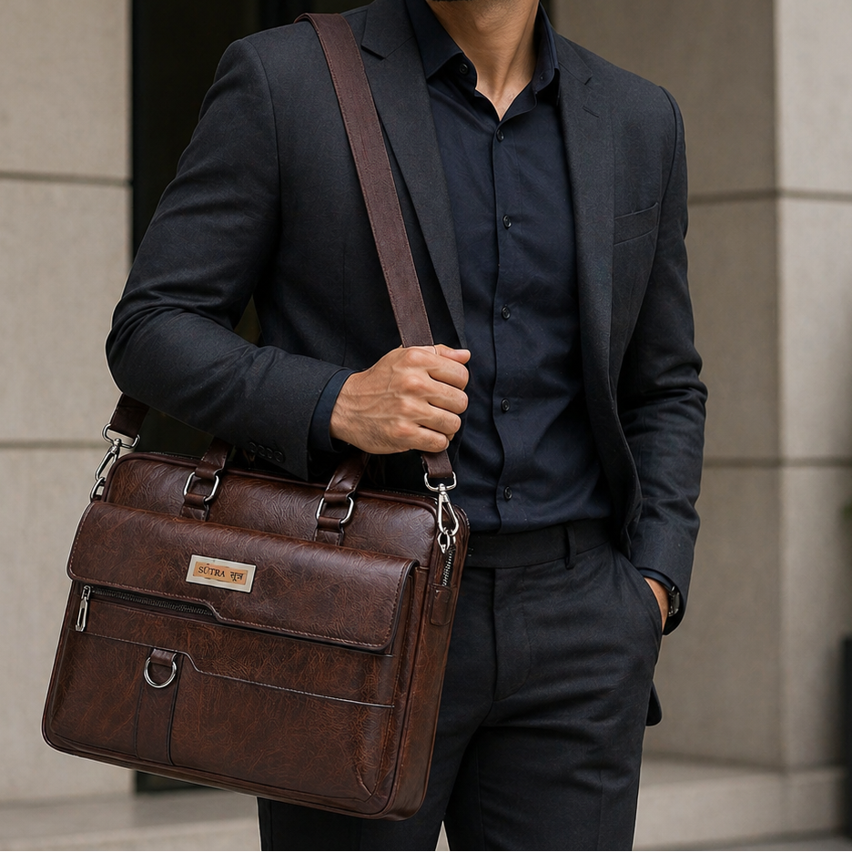 SŪTRA I सूत्र  Men's Vintage Brown Business Briefcase - Adjustable Shoulder Strap, Multiple Compartments, Zippered File Folder Laptop and Tablet Messenger Bag, Suitable for 14-inch Laptops, Men's Crossbody Bag, Perfect for Work Travel, Office Ready