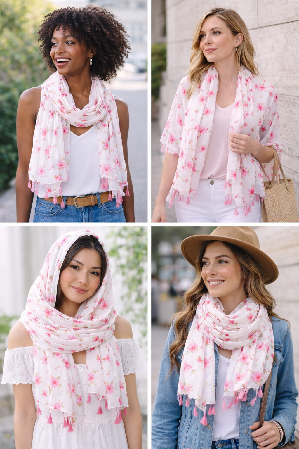 Fresh Linen Feel Scarf New Style Elegant Small for Women Pink Floral Decoration Handmade Tassel Scarf Gauze Shawl