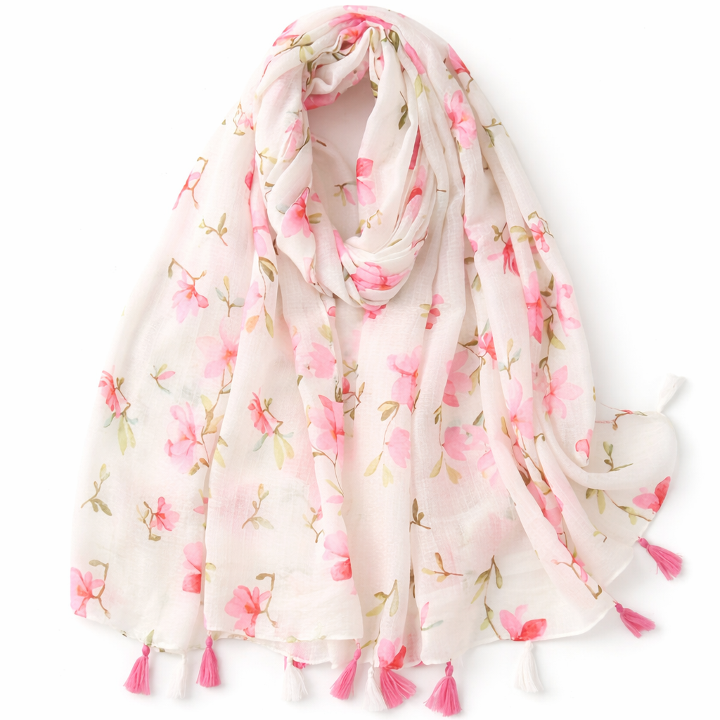Fresh Linen Feel Scarf New Style Elegant Small for Women Pink Floral Decoration Handmade Tassel Scarf Gauze Shawl