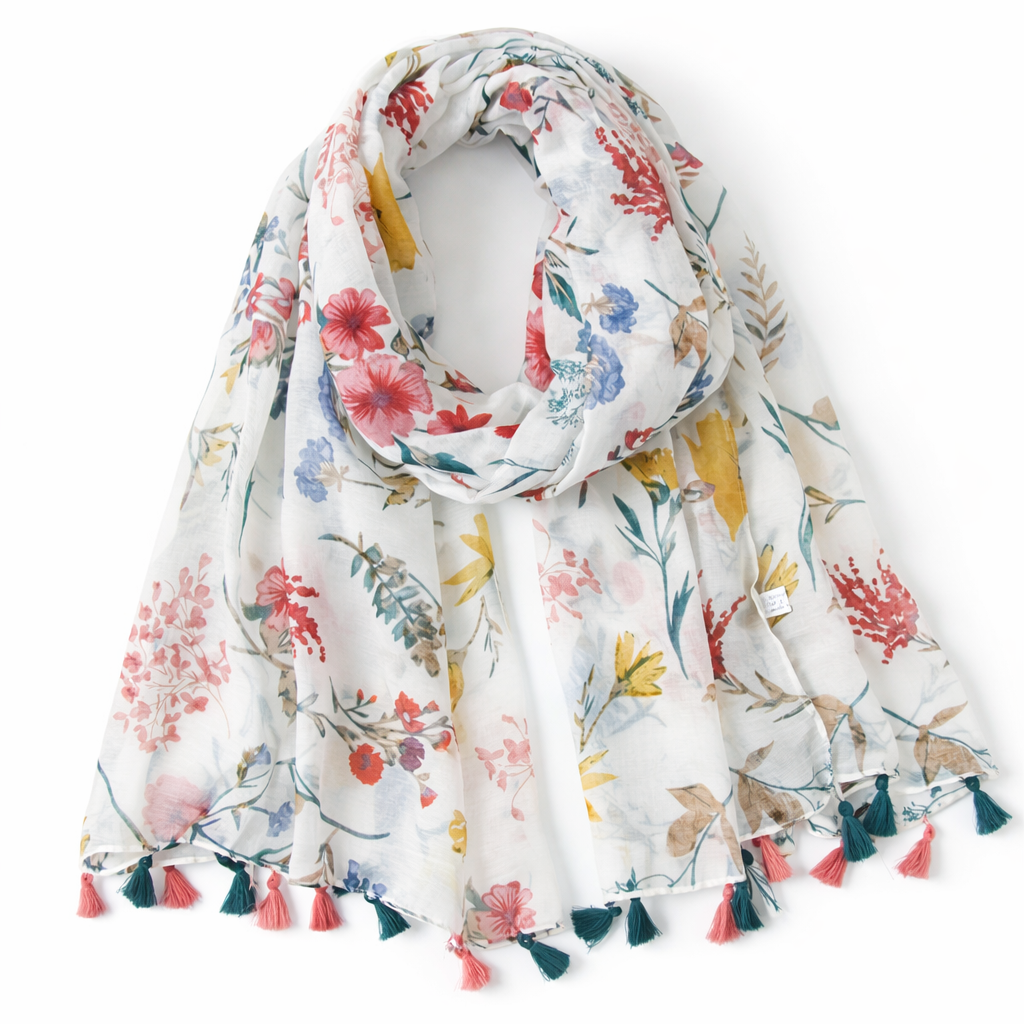 Summer Women'S Soft Tassel Scarf with Fresh Floral Patterns, Casual Scarf, Head Wrap, Shawl, Perfect for Travel And Beach Use