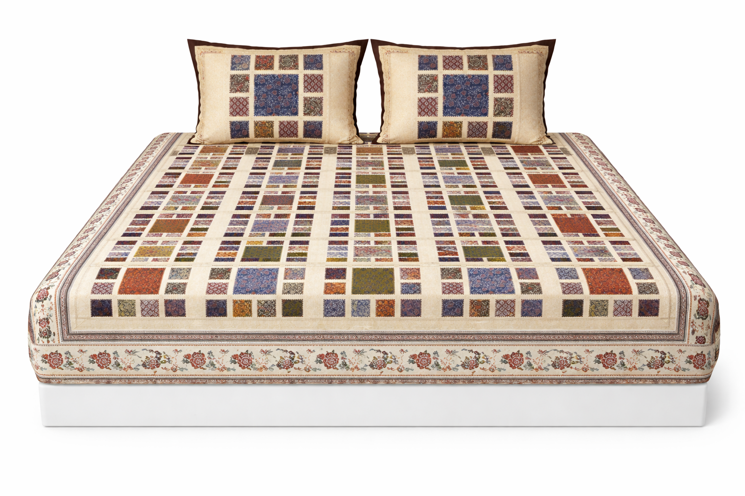 Premium Azrakh Cotton Fitted Bedsheet Set – 110x110 Inch (280x280 cm) | Handcrafted Block Print | Includes 2 Pillow Covers