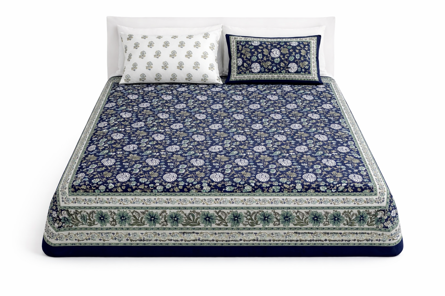 Premium Kalamkari Cotton Fitted Bedsheet Set – 95x108 Inch (241x274 cm) Handcrafted Block Print | Includes 2 Pillow Covers