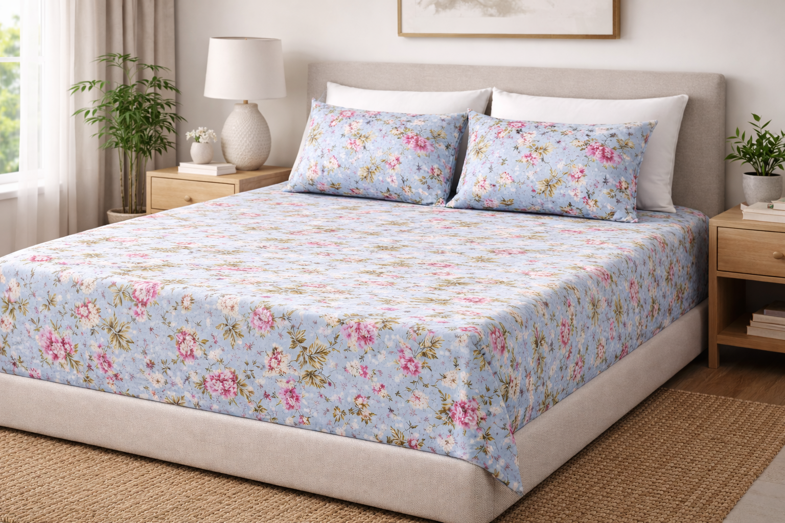 Premium Aboli Nature Cotton Fitted Bedsheet Set – 100x108 Inch (254x274 cm) Handcrafted Block Print | Includes 2 Pillow Covers