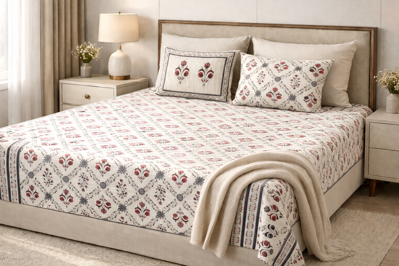 Premium Azrakh Nature Cotton Fitted Bedsheet Set – 110x110 Inch (280x280 cm) Handcrafted Block Print | Includes 2 Pillow Covers