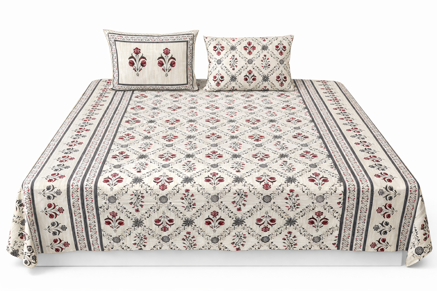 Premium Azrakh Nature Cotton Fitted Bedsheet Set – 110x110 Inch (280x280 cm) Handcrafted Block Print | Includes 2 Pillow Covers