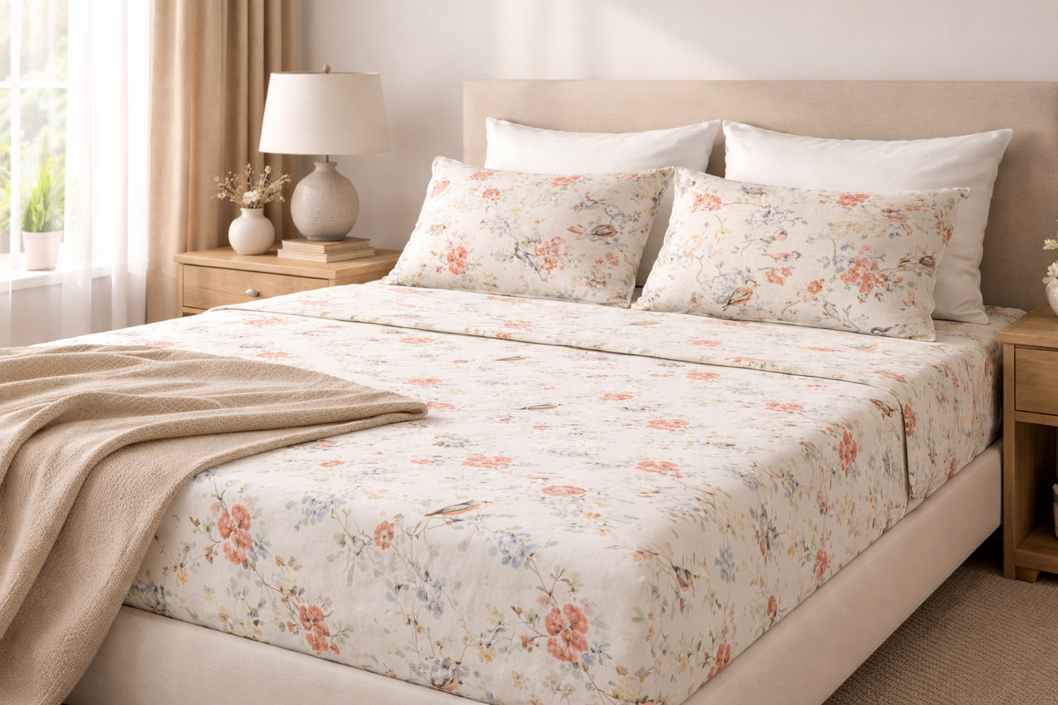 Premium Anokhi Nature Cotton Fitted Bedsheet Set – 108x108Inch (274x274 cm) Handcrafted Block Print | Includes 2 Pillow Covers