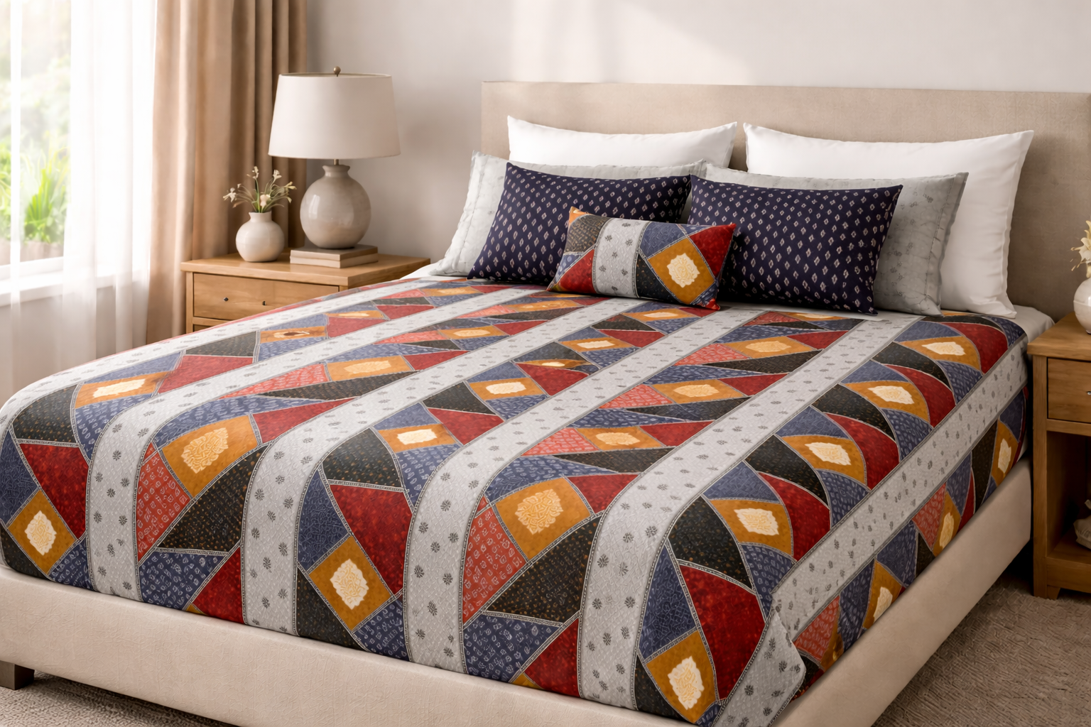 Premium Azrakh Cotton Fitted Bedsheet Set – 108x108 Inch (274x274 cm) | Handcrafted Block Print | Includes 2 Pillow Covers
