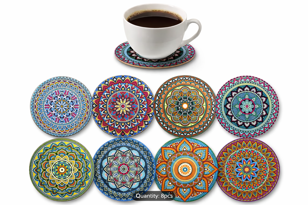 Wooden Mandala Coasters Set, 10cm x 10cm, Hand Wash Only, Ideal for Home, Office and Bar Use, Suitable for All Occasions 8 pcs