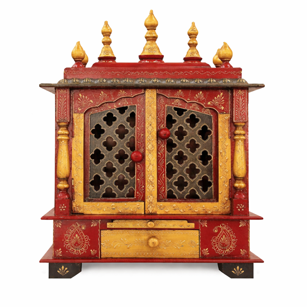 Wooden Mandir Temple with Door Colour Emboss 18x12x24 inch, Extra storage