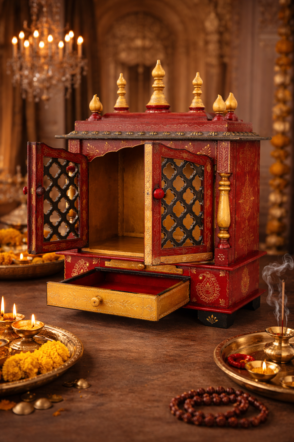 Wooden Mandir Temple with Door Colour Emboss 18x12x24 inch, Extra storage