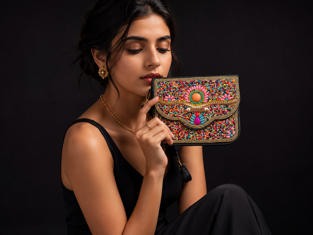 SŪTRA Ethnic-Style Crossbody Bag – Handmade Floral Shell-Shaped Phone Pouch for Women, Single-Shoulder Beaded Sling Bag
