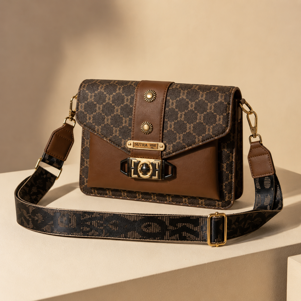 SŪTRA Women’s Structured Satchel Bag | Luxury Monogram Top Handle Crossbody Purse | Elegant Designer Style Shoulder Handbag