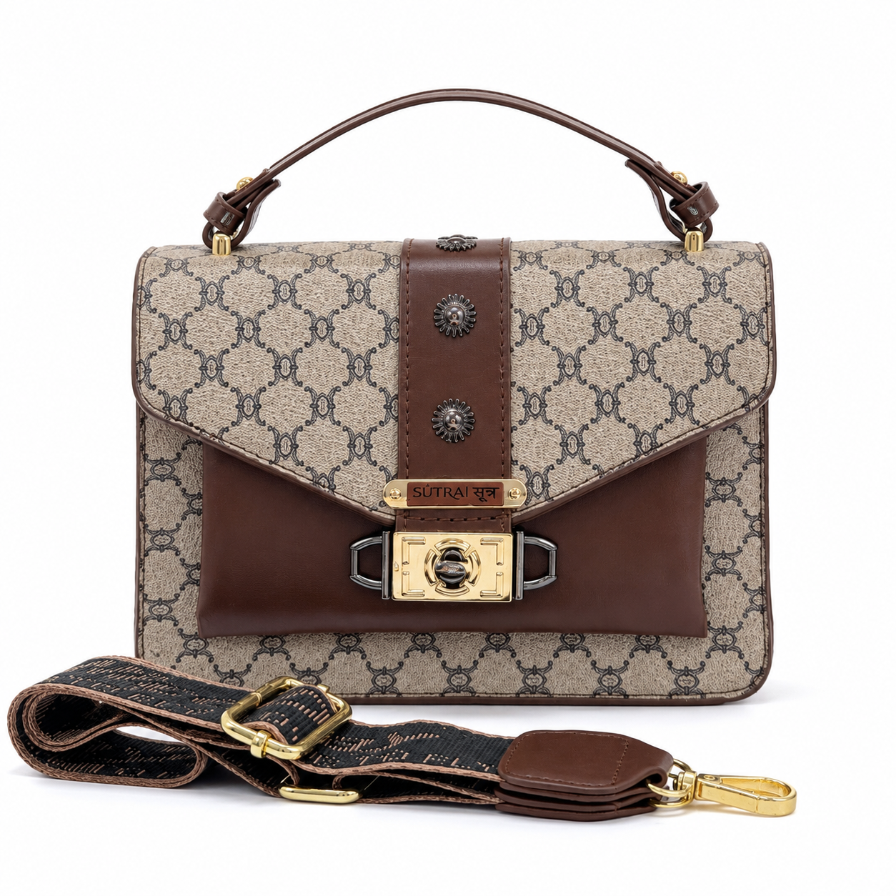 SŪTRA Women’s Structured Satchel Bag | Luxury Monogram Top Handle Crossbody Purse | Elegant Designer Style Shoulder Handbag