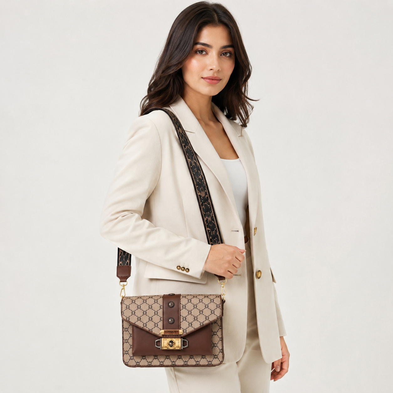 SŪTRA Women’s Structured Satchel Bag | Luxury Monogram Top Handle Crossbody Purse | Elegant Designer Style Shoulder Handbag