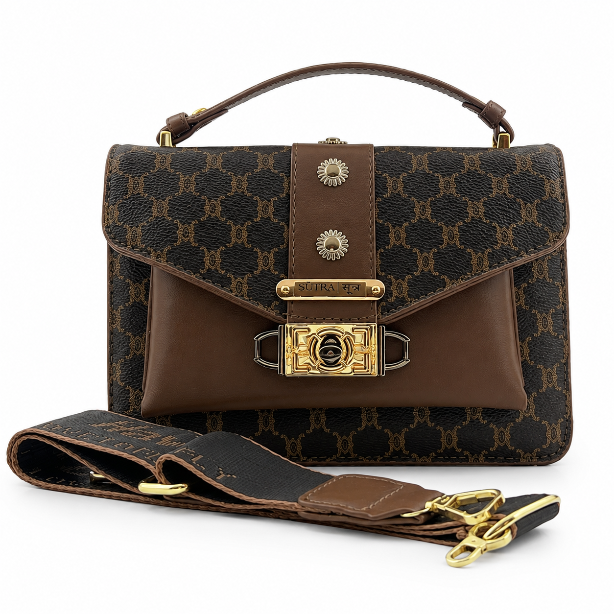 SŪTRA Women’s Structured Satchel Bag | Luxury Monogram Top Handle Crossbody Purse | Elegant Designer Style Shoulder Handbag