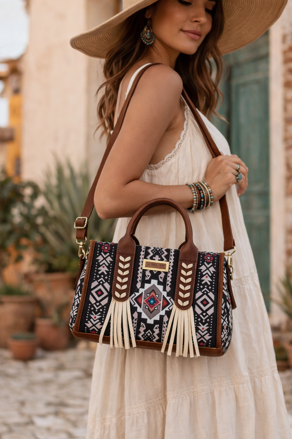 Boho Tote Bag Women | Aztec Canvas Handbag | Ethnic indian Shoulder Bag | Western Fringe Purse | Everyday Stylish Tote