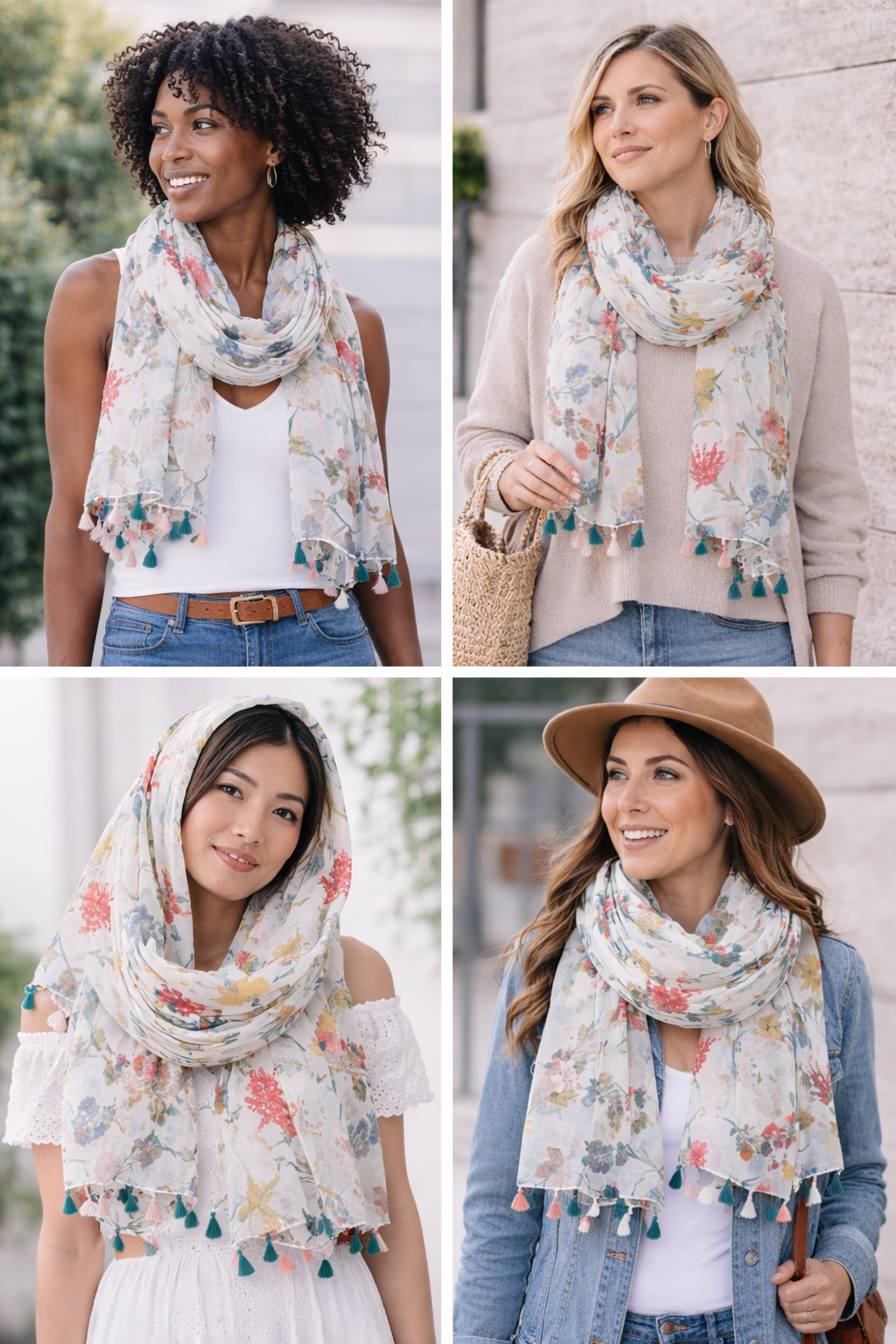 Summer Women'S Soft Tassel Scarf with Fresh Floral Patterns, Casual Scarf, Head Wrap, Shawl, Perfect for Travel And Beach Use