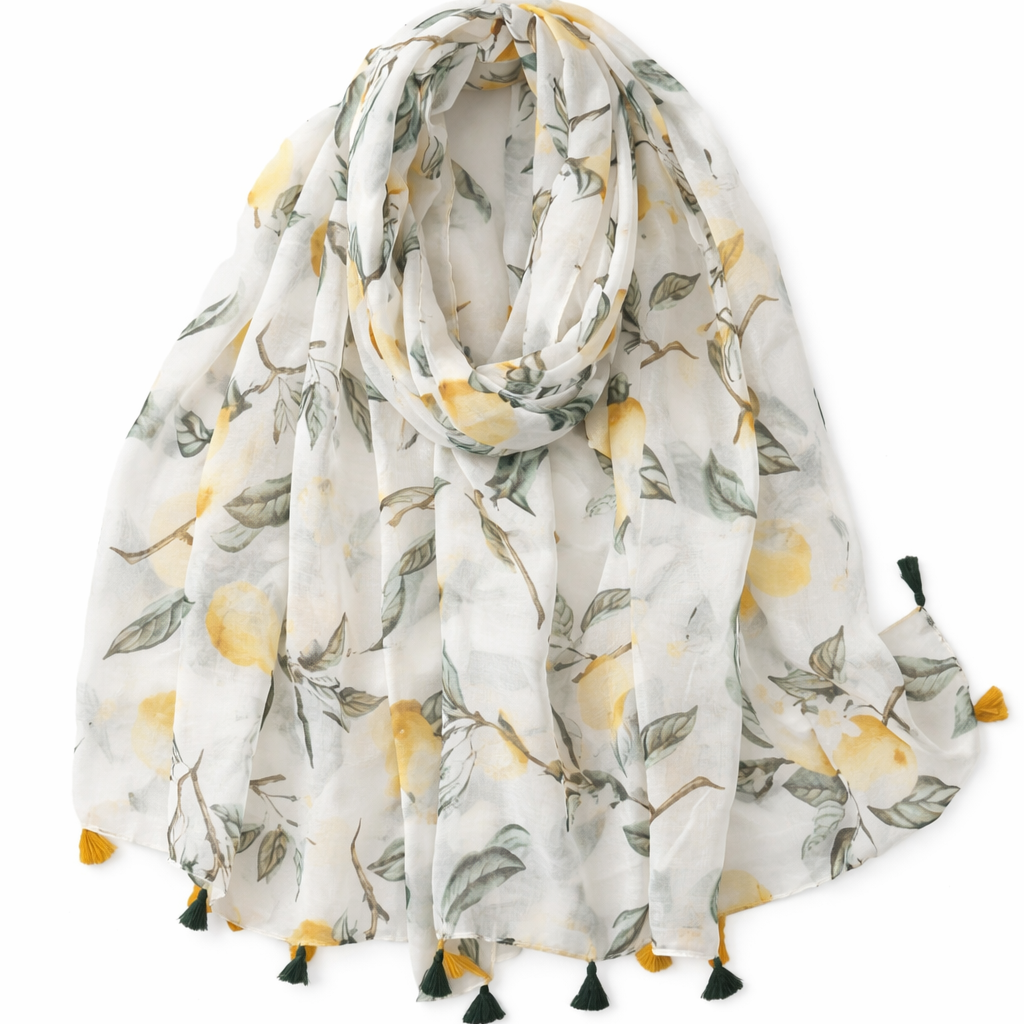 Lemon Tree Scarf - Soft Breathable Polyester Shawl Suitable for, Beach Vacations & Casual Outfits - Lightweight Lemon Tree Print, /Korean Style Accessory (Plant)