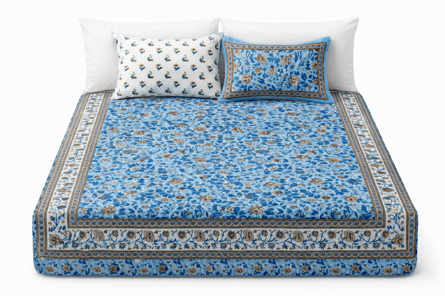Premium Kalamkari Cotton Fitted Bedsheet Set – 95x108 Inch (241x274 cm) Handcrafted Block Print | Includes 2 Pillow Covers