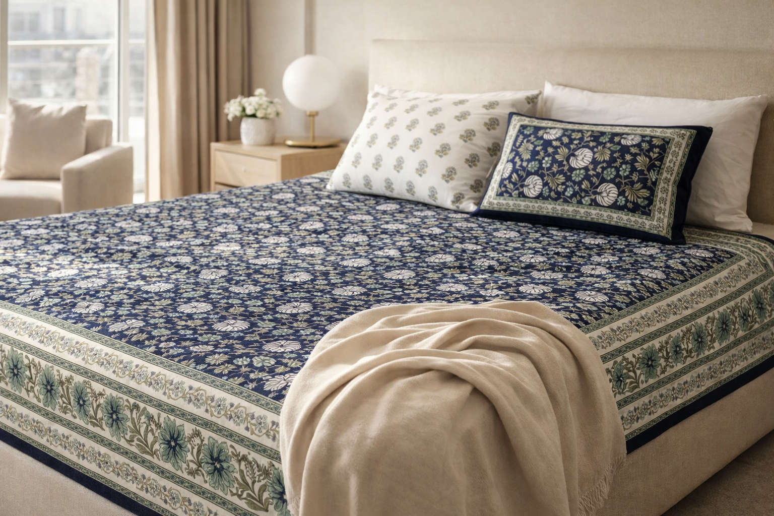 Premium Kalamkari Cotton Fitted Bedsheet Set – 95x108 Inch (241x274 cm) Handcrafted Block Print | Includes 2 Pillow Covers