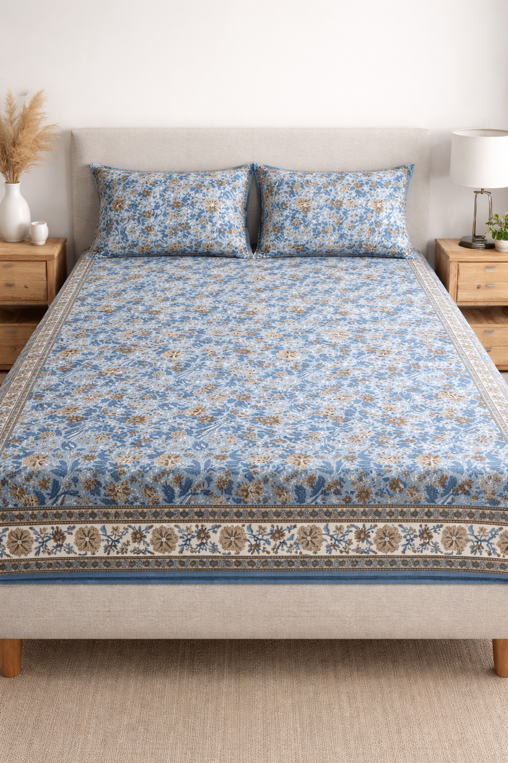 Premium Kalamkari Cotton Fitted Bedsheet Set – 95x108 Inch (241x274 cm) Handcrafted Block Print | Includes 2 Pillow Covers