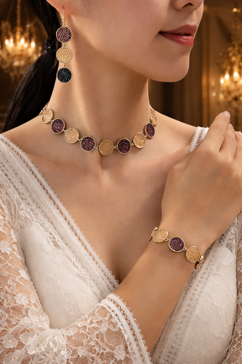 Ethnic Style Women's Jewelry Set Featuring Geometric Pattern Electroplated Metal Necklace With Two Tone Craftsmanship