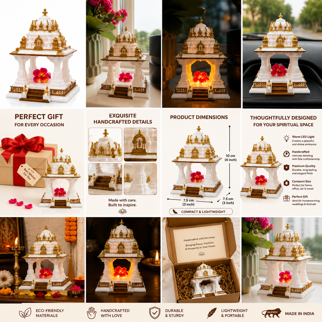 Handcrafted LED Hindu Temple Mandir, White Gold Car Dashboard Office Decor