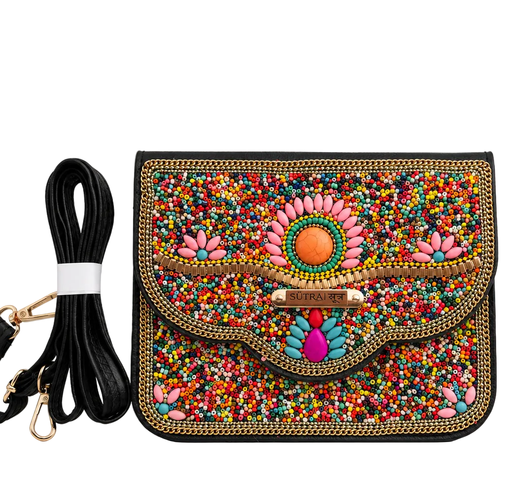 Colorful beaded handbag with floral patterns on a white background