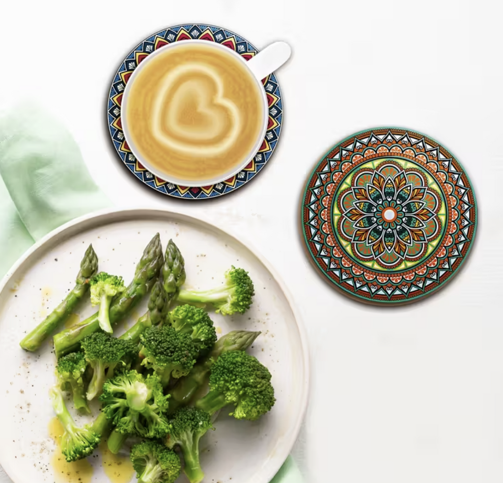 Wooden Mandala Coasters Set, 10cm x 10cm, Hand Wash Only, Ideal for Home, Office and Bar Use, Suitable for All Occasions 8 pcs