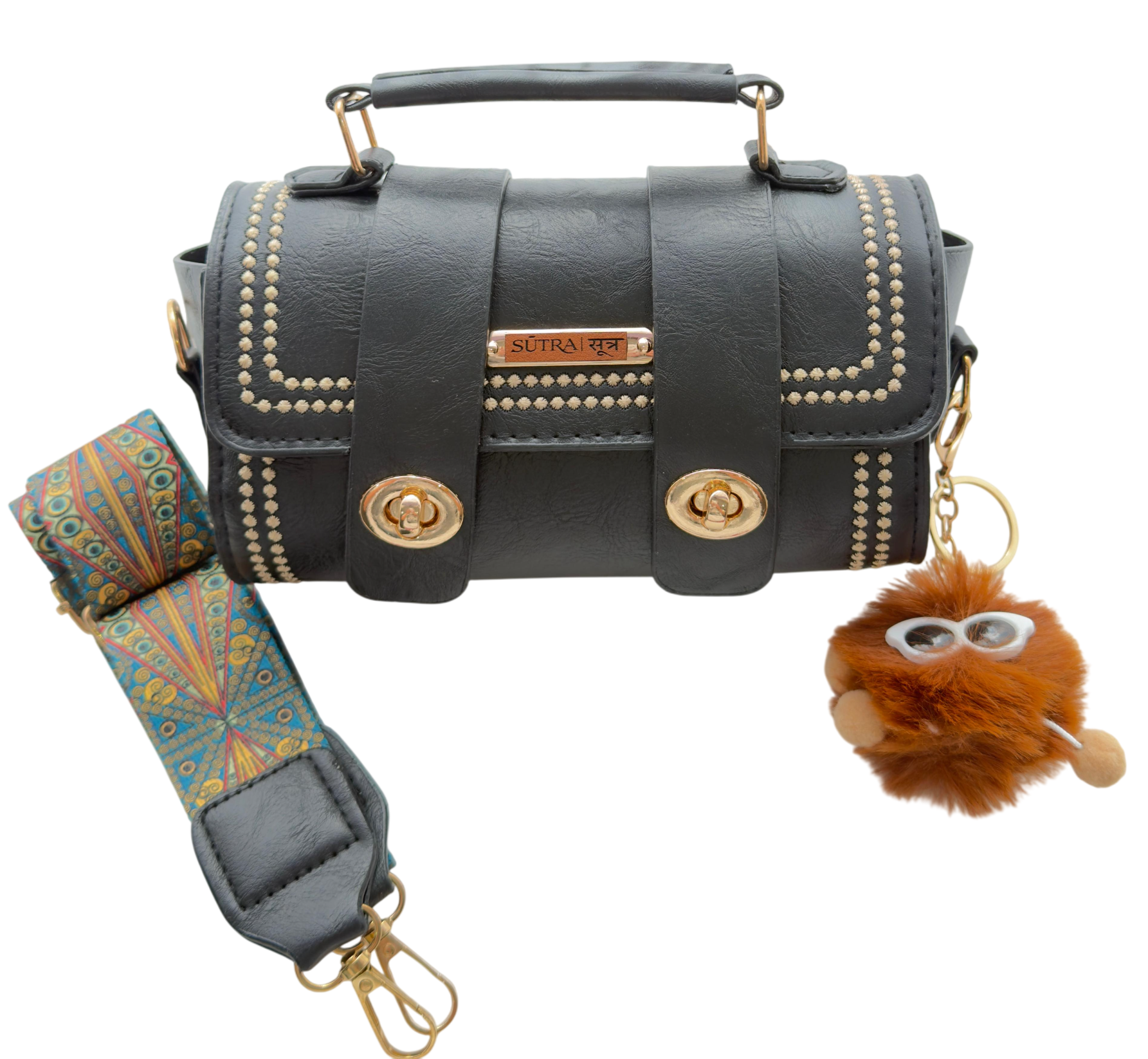 SŪTRA Women’s Black Quilted Crossbody Bag with Patterned Strap & Plush Charm – Small Statement Shoulder Handbag