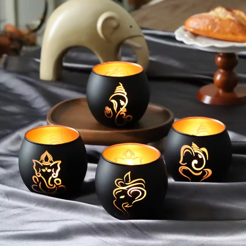 Elegant Ganesha Black Candle Holders- Tabletop Glass Elephant Trunk God Decor for Living Room & Foyer, Wedding & Festive Decoration, Diwali, Hanukkah & Kwanzaa Celebrations (4-PCS)