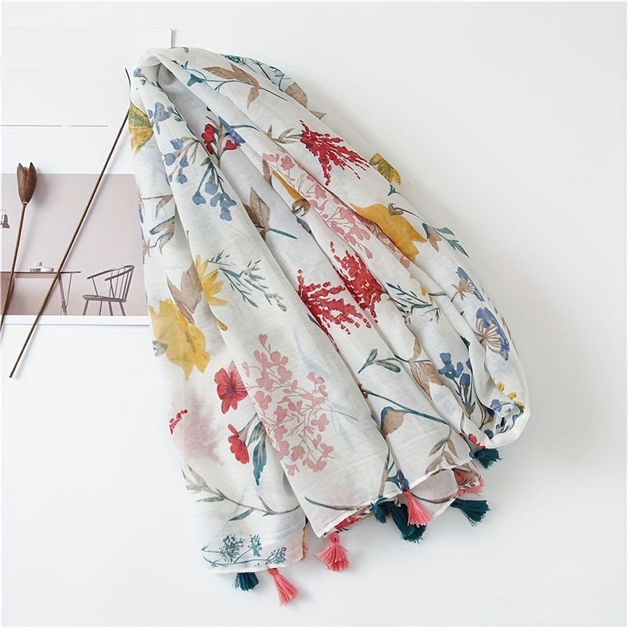 Summer Women'S Soft Tassel Scarf with Fresh Floral Patterns, Casual Scarf, Head Wrap, Shawl, Perfect for Travel And Beach Use