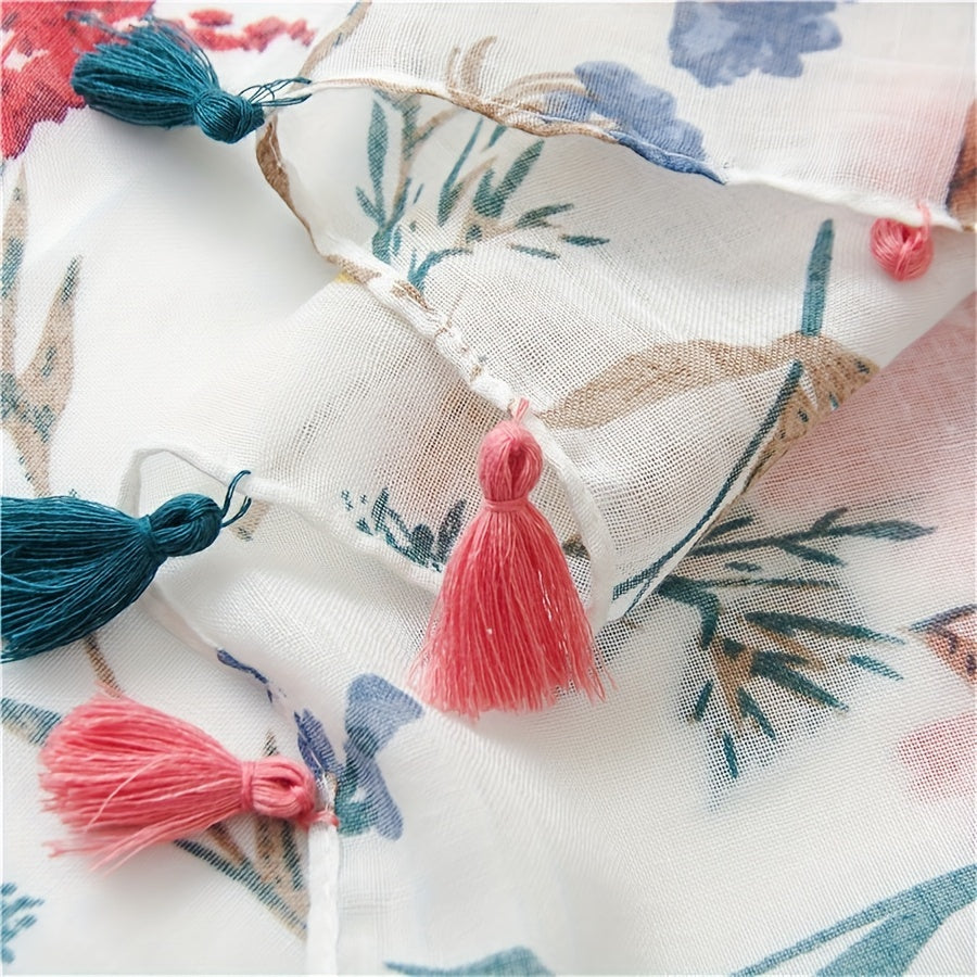 Summer Women'S Soft Tassel Scarf with Fresh Floral Patterns, Casual Scarf, Head Wrap, Shawl, Perfect for Travel And Beach Use