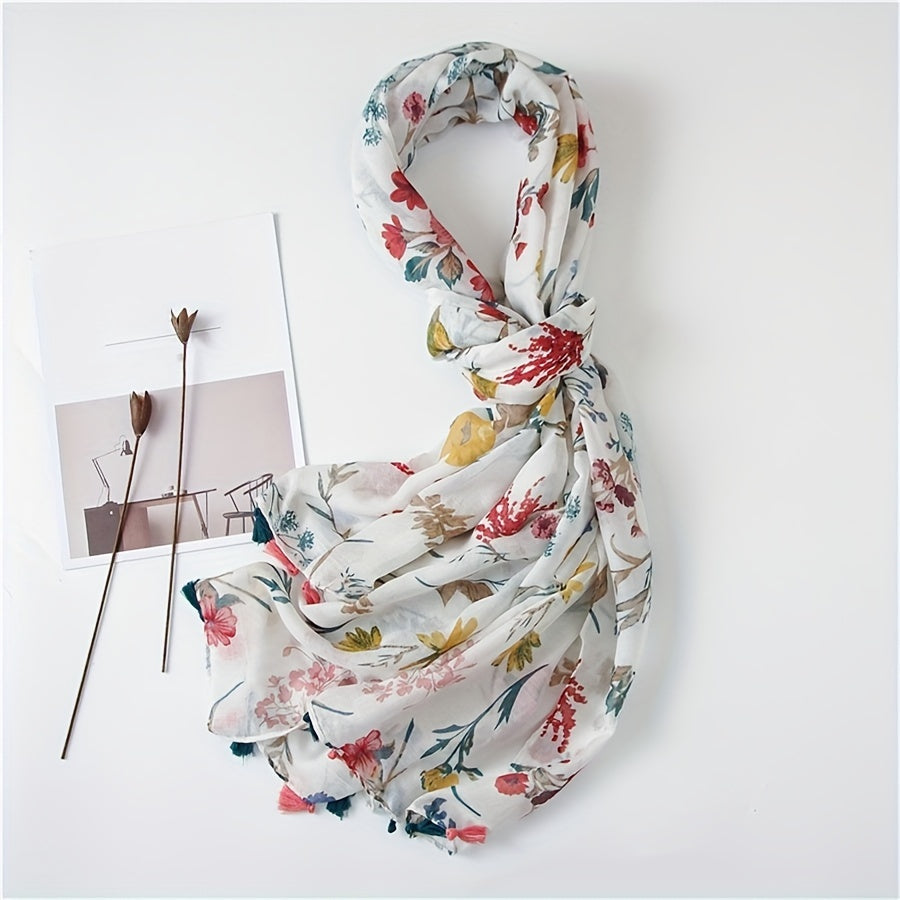 Summer Women'S Soft Tassel Scarf with Fresh Floral Patterns, Casual Scarf, Head Wrap, Shawl, Perfect for Travel And Beach Use