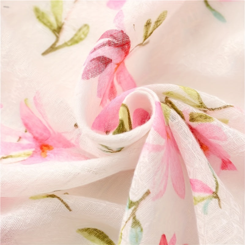 Fresh Linen Feel Scarf New Style Elegant Small for Women Pink Floral Decoration Handmade Tassel Scarf Gauze Shawl