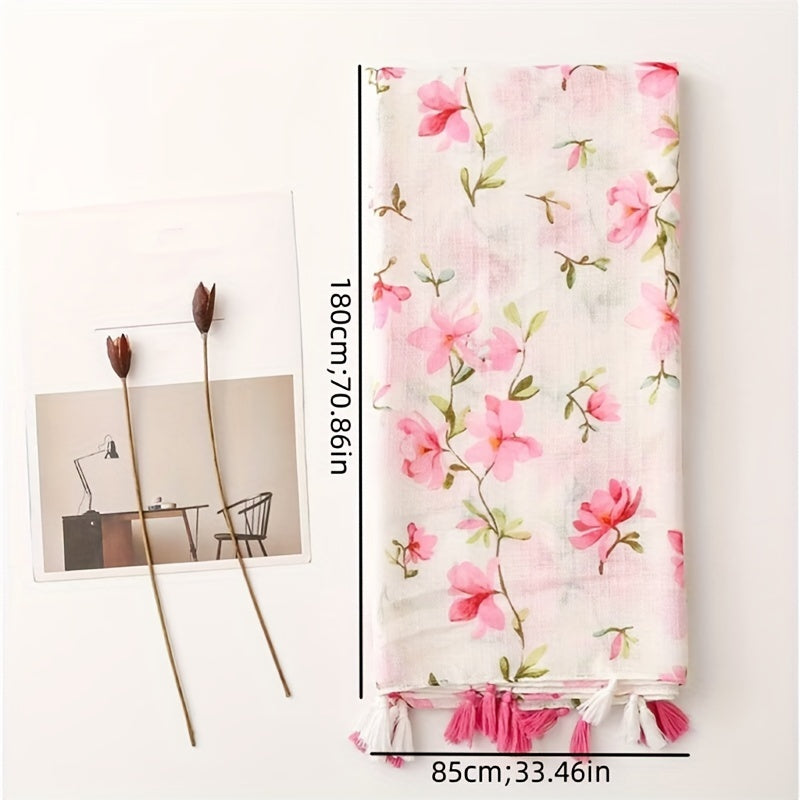 Fresh Linen Feel Scarf New Style Elegant Small for Women Pink Floral Decoration Handmade Tassel Scarf Gauze Shawl