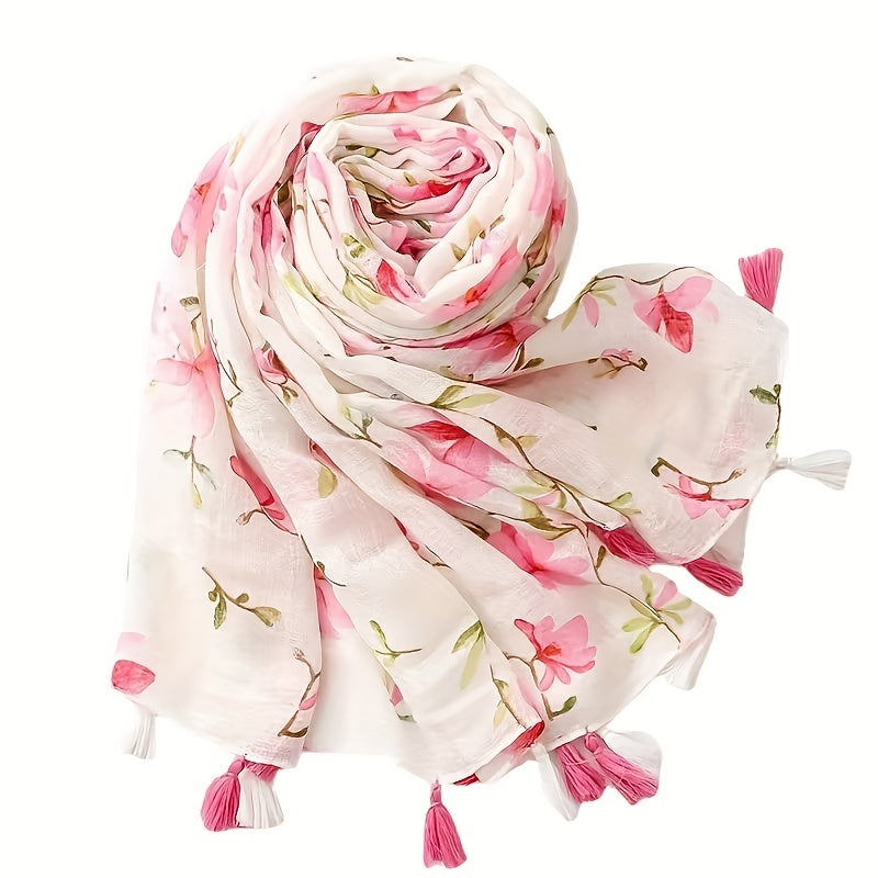 Fresh Linen Feel Scarf New Style Elegant Small for Women Pink Floral Decoration Handmade Tassel Scarf Gauze Shawl