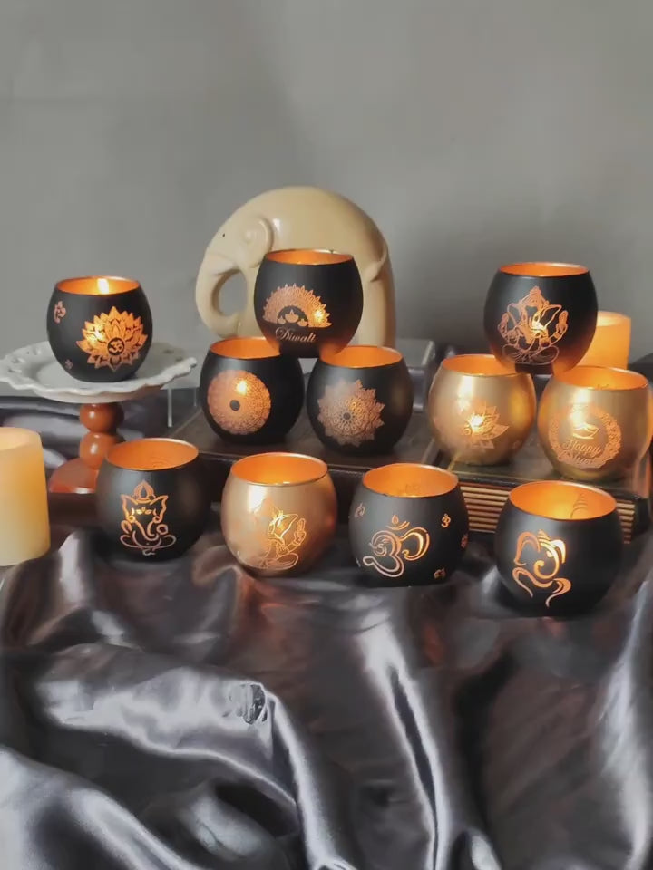 Elegant Ganesha Black Candle Holders- Tabletop Glass Elephant Trunk God Decor for Living Room & Foyer, Wedding & Festive Decoration, Diwali, Hanukkah & Kwanzaa Celebrations (4-PCS)
