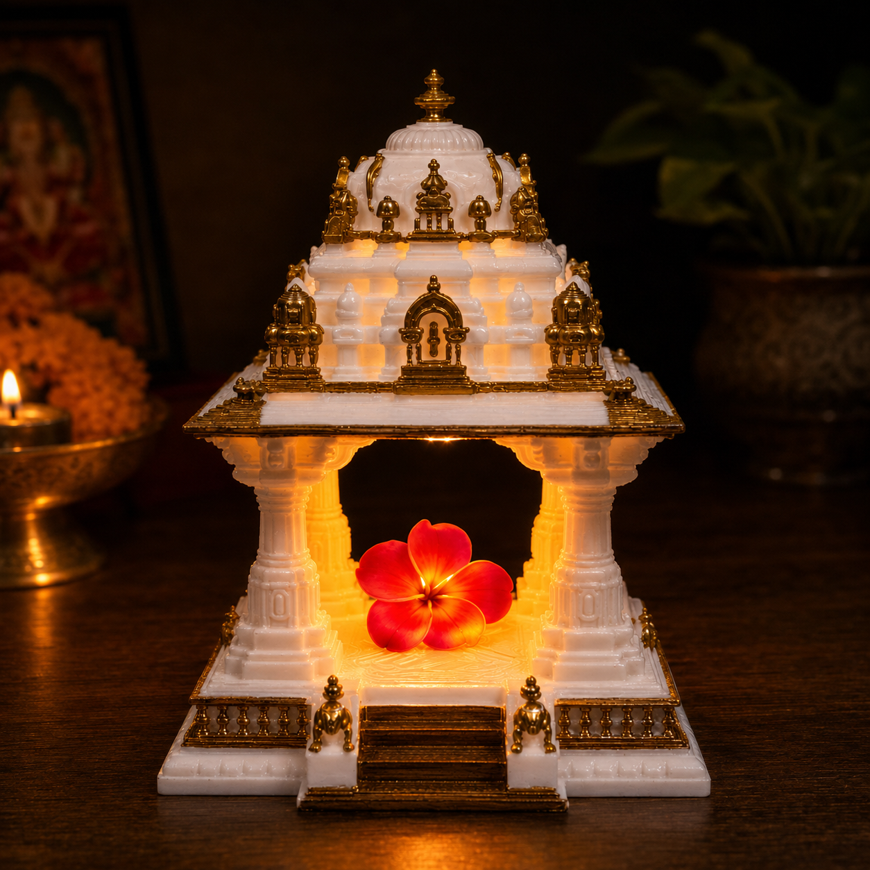 Handcrafted LED Hindu Temple Mandir, White Gold Car Dashboard Office Decor